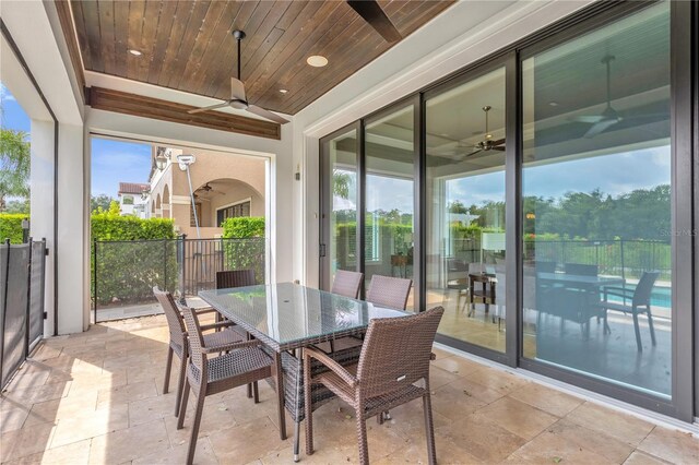 sunroom / solarium featuring a healthy amount of sunlight, wooden ceiling, and ceiling fan