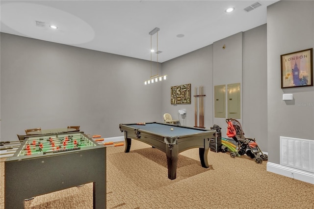 game room featuring pool table, carpet, and electric panel