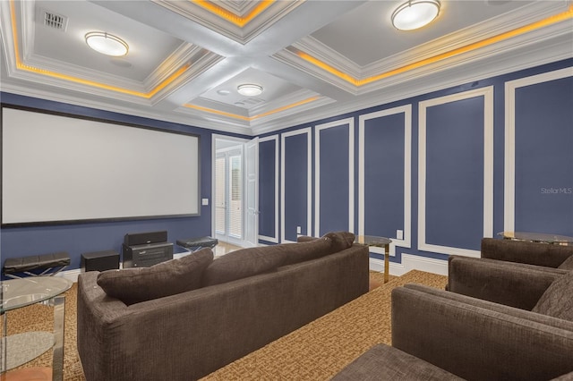 cinema with beamed ceiling, coffered ceiling, and crown molding