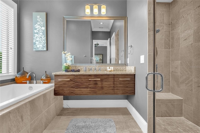 bathroom featuring shower with separate bathtub, crown molding, vanity, and tile patterned flooring