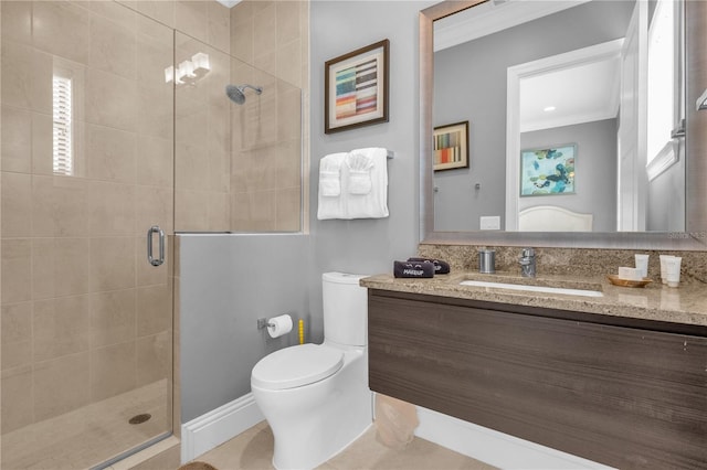 bathroom with a shower with shower door, toilet, tile patterned floors, ornamental molding, and vanity