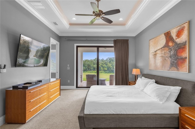 bedroom featuring ceiling fan, carpet flooring, access to outside, and a raised ceiling