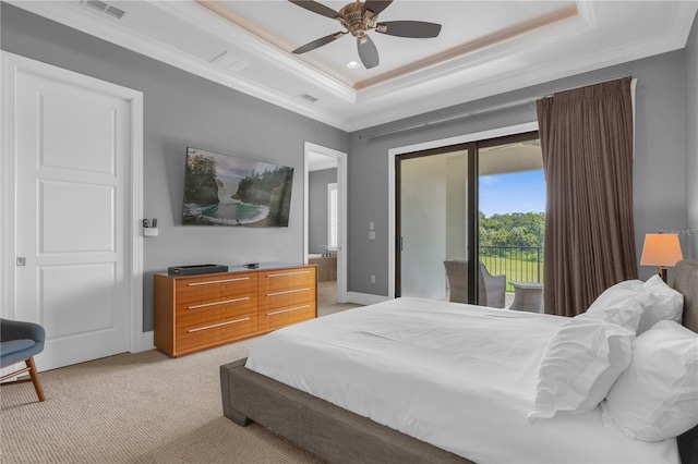 carpeted bedroom featuring ceiling fan, ornamental molding, access to exterior, and a raised ceiling