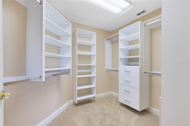 walk in closet with light colored carpet