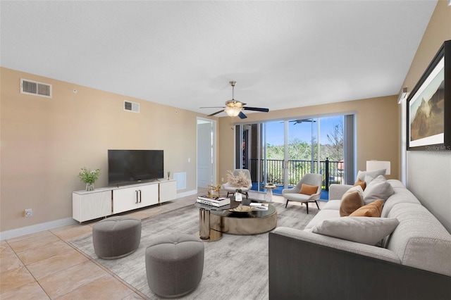 living room with ceiling fan