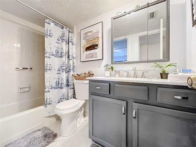 full bathroom featuring vanity, shower / bath combination with curtain, a textured ceiling, and toilet