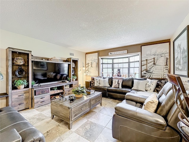 living room with a textured ceiling