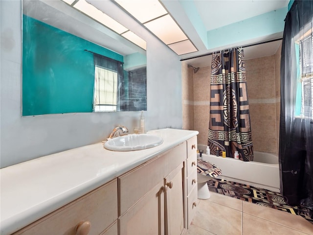 full bathroom featuring vanity, toilet, shower / bathtub combination with curtain, and tile patterned floors