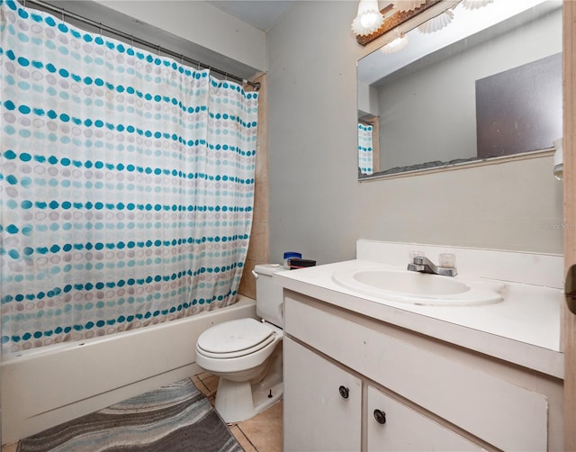 full bathroom with shower / tub combo, tile patterned flooring, vanity, and toilet