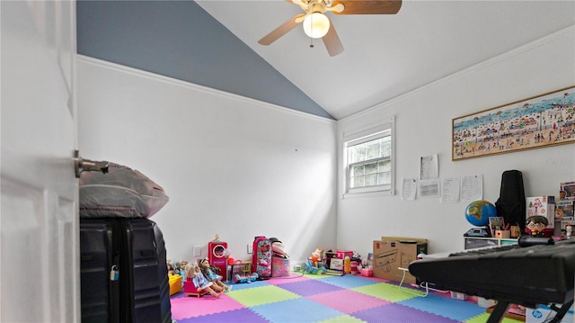 game room with lofted ceiling and ceiling fan