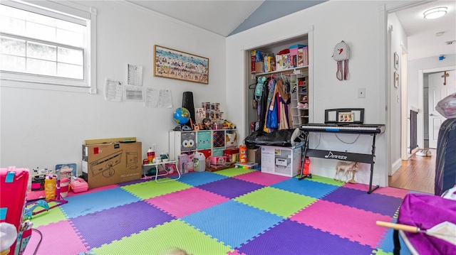 rec room featuring lofted ceiling and hardwood / wood-style flooring