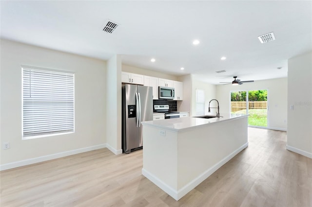 kitchen featuring a center island with sink, stainless steel appliances, sink, white cabinets, and decorative backsplash