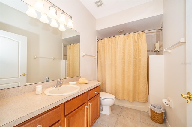 full bathroom with tile patterned flooring, vanity, shower / bathtub combination with curtain, and toilet