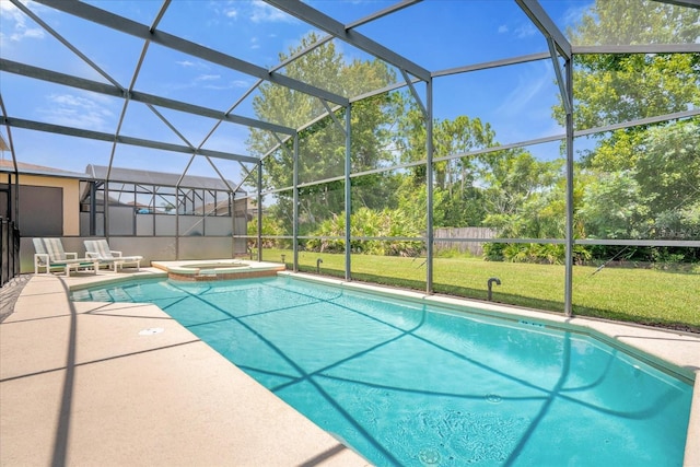 view of pool featuring glass enclosure, a yard, an in ground hot tub, and a patio area