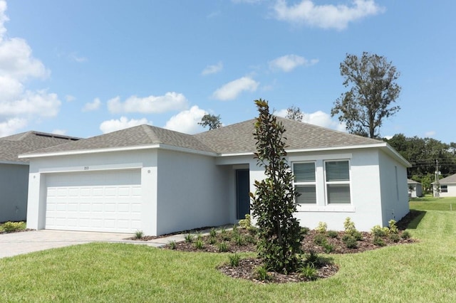 single story home with a garage and a front yard