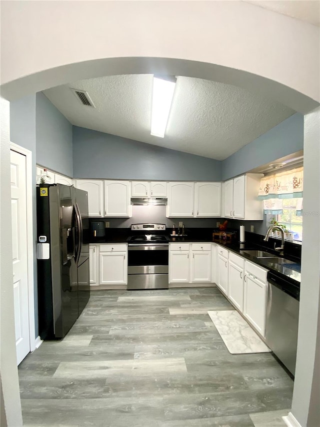 kitchen with a textured ceiling, lofted ceiling, light wood-type flooring, stainless steel appliances, and sink