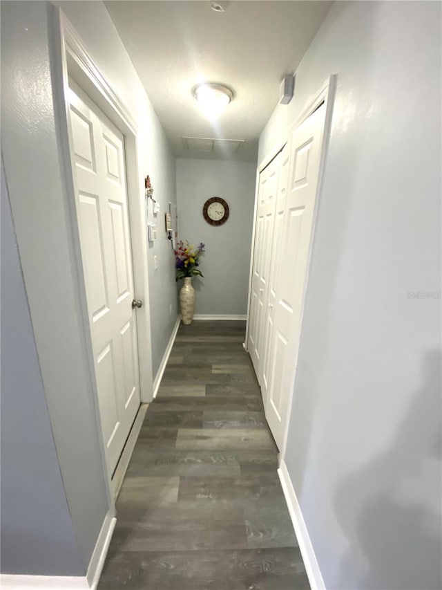 corridor featuring dark wood-type flooring