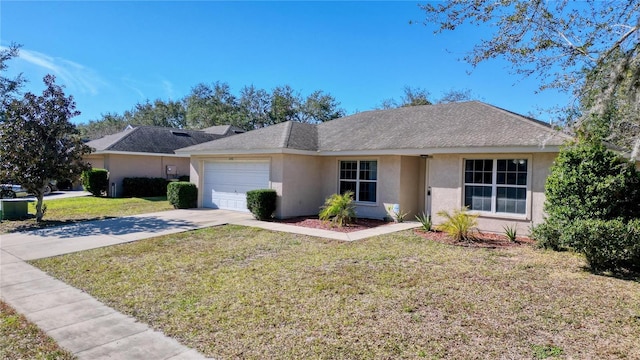 ranch-style house with a garage and a front lawn