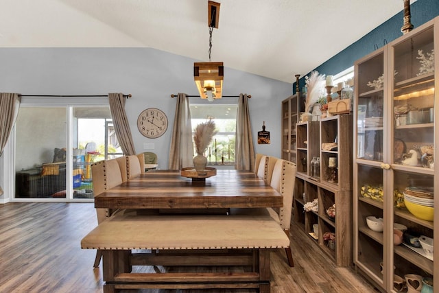 dining space with vaulted ceiling, wood-type flooring, and a healthy amount of sunlight