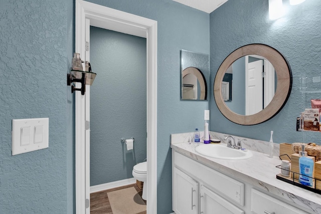 bathroom featuring toilet, vanity, and wood-type flooring