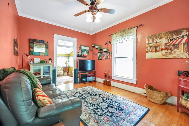 living room with plenty of natural light, ceiling fan, crown molding, and light hardwood / wood-style flooring