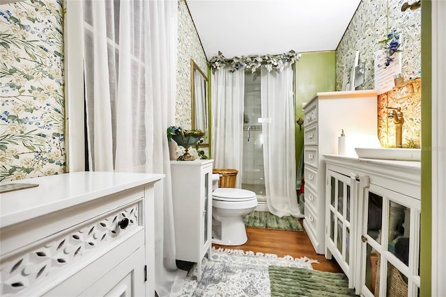 bathroom with toilet, vanity, and hardwood / wood-style flooring