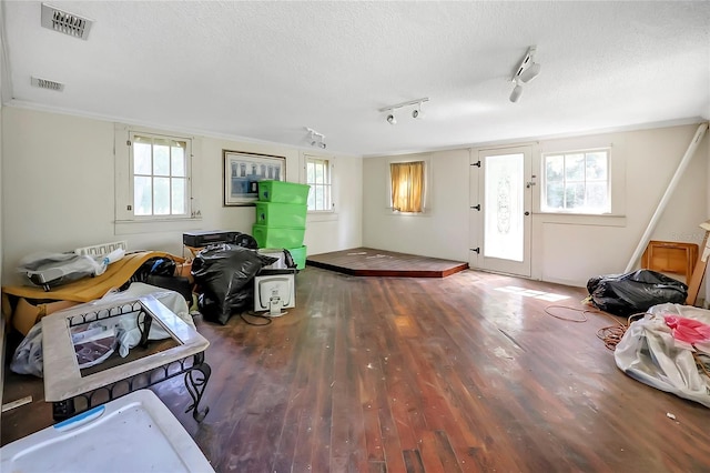 misc room featuring wood-type flooring, a textured ceiling, track lighting, and a healthy amount of sunlight