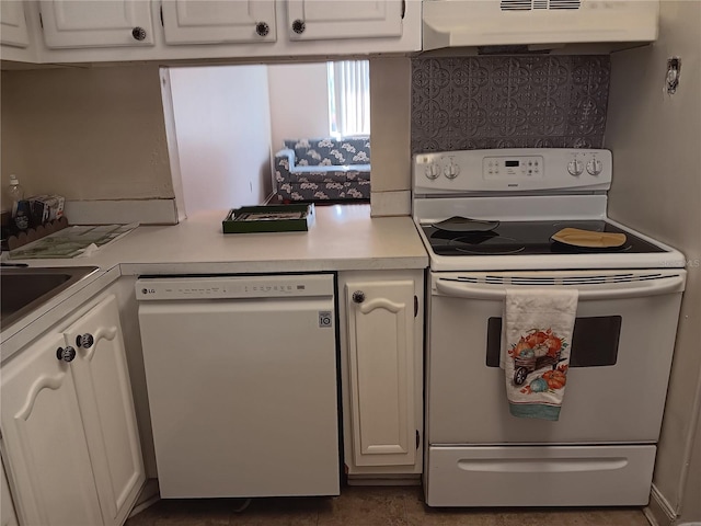 kitchen featuring light countertops, white appliances, white cabinetry, and under cabinet range hood
