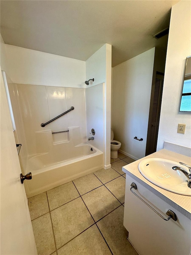 full bathroom with shower / washtub combination, a closet, toilet, vanity, and tile patterned floors