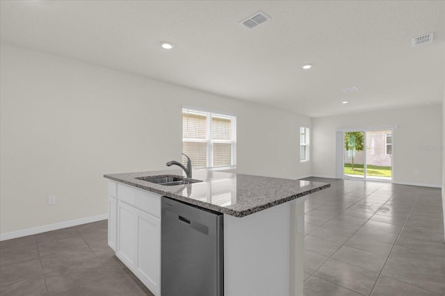 kitchen featuring light stone counters, a sink, visible vents, white cabinets, and dishwasher