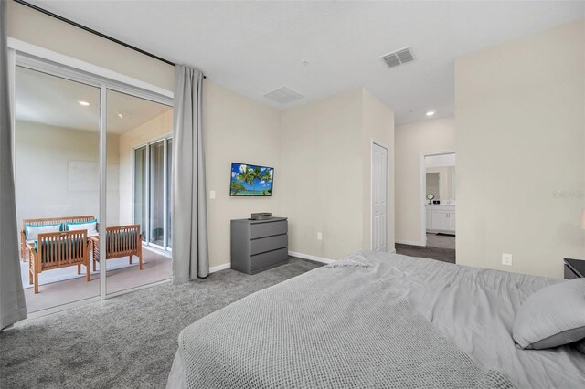 carpeted bedroom featuring access to outside and a closet