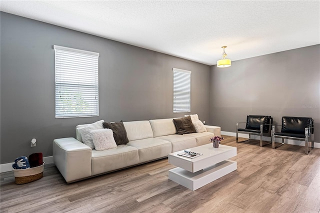 living room featuring a textured ceiling and light hardwood / wood-style flooring