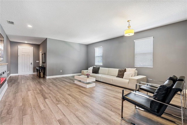 living room with a textured ceiling and hardwood / wood-style floors