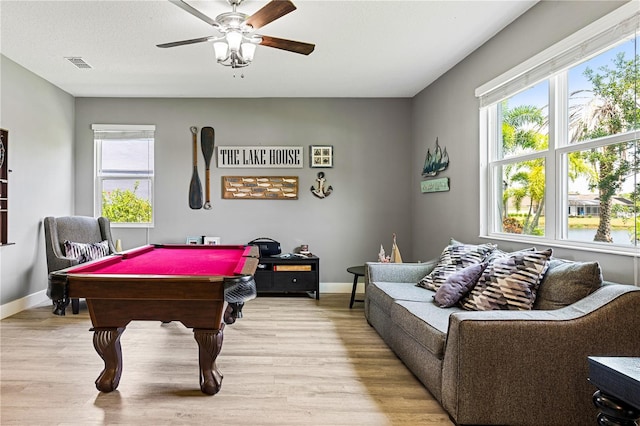 playroom featuring light wood-type flooring, ceiling fan, and billiards