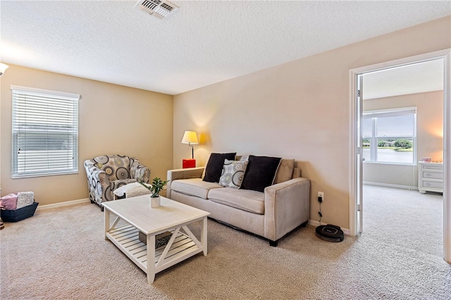 living room featuring a textured ceiling and light carpet