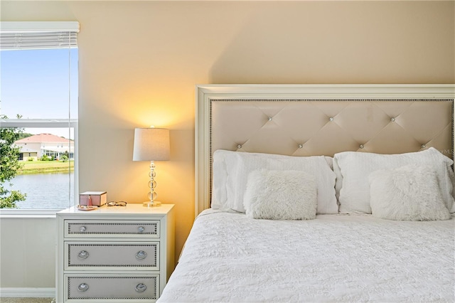 bedroom featuring carpet and a water view