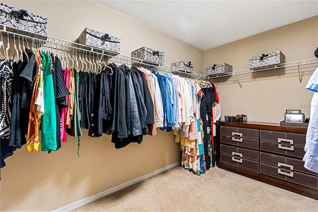 walk in closet featuring light carpet