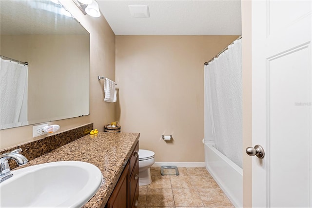 full bathroom featuring tile patterned floors, toilet, shower / bathtub combination with curtain, and vanity