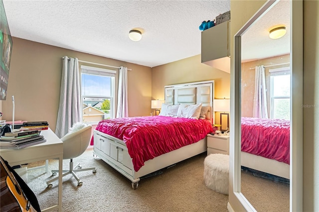 carpeted bedroom with a textured ceiling