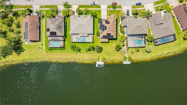 drone / aerial view featuring a water view