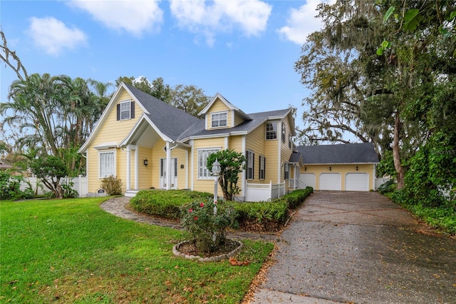 view of front of property featuring a garage, a front yard, and fence