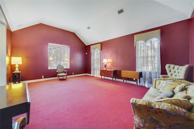 sitting room featuring carpet floors, visible vents, vaulted ceiling, and baseboards