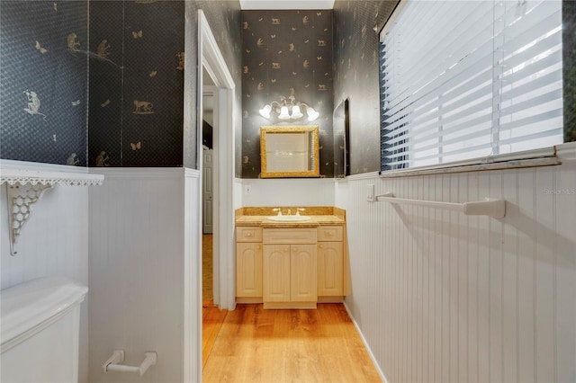 bathroom with a wainscoted wall, toilet, wood finished floors, and vanity