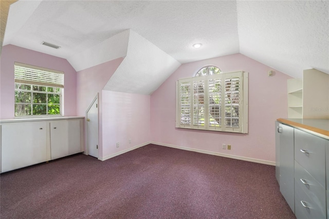 additional living space featuring visible vents, dark carpet, and a textured ceiling