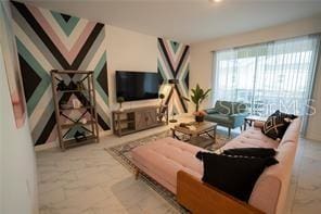 living room featuring tile patterned flooring