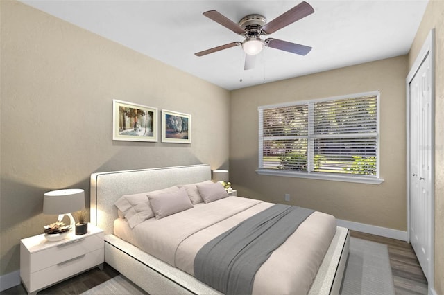 bedroom featuring a closet, ceiling fan, and wood-type flooring