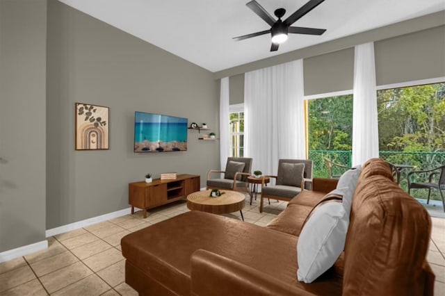 tiled living room with ceiling fan