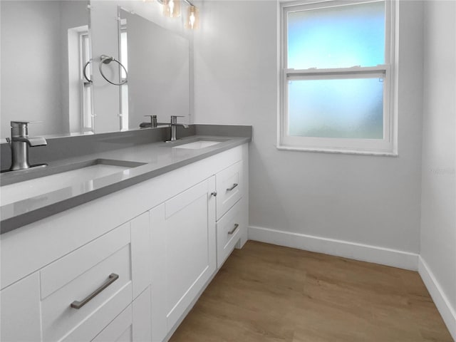 bathroom with double sink vanity, plenty of natural light, and hardwood / wood-style floors