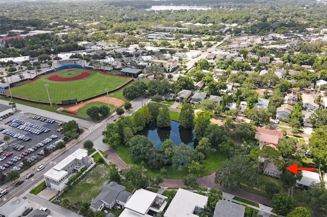 aerial view featuring a water view