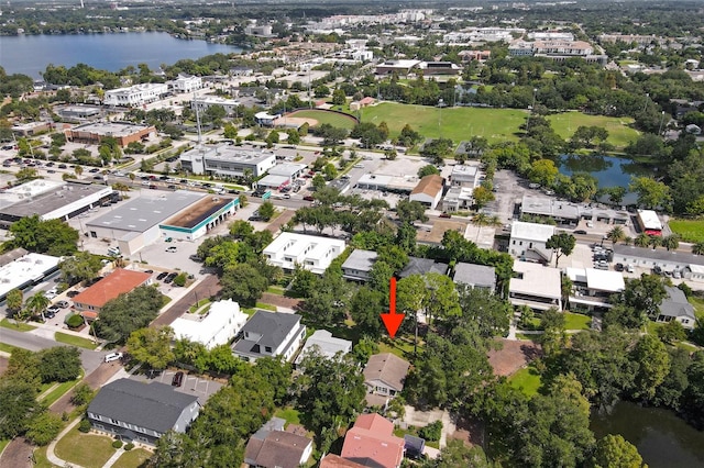 aerial view featuring a water view